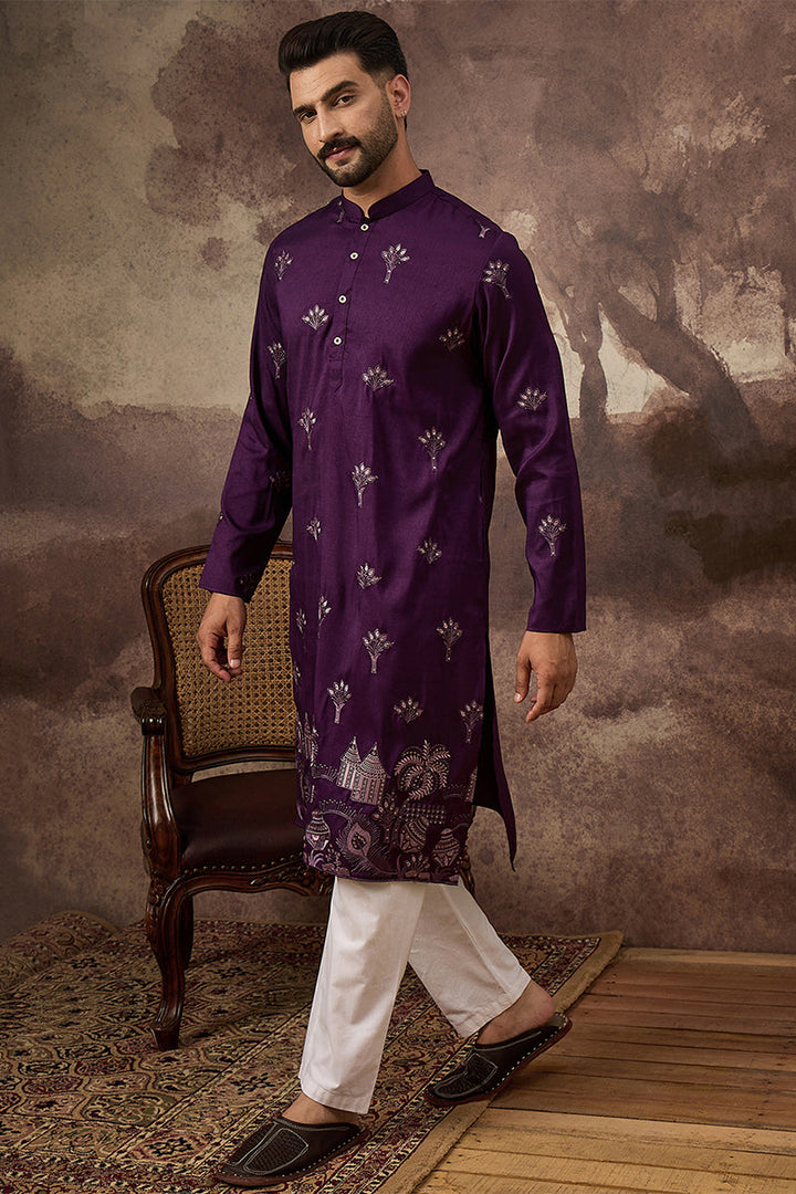 Purple Silk Blend Solid Embroidered Straight Kurta | SHOBITAM