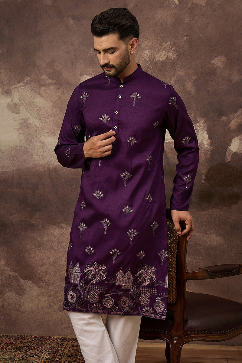 Purple Silk Blend Solid Embroidered Straight Kurta | SHOBITAM