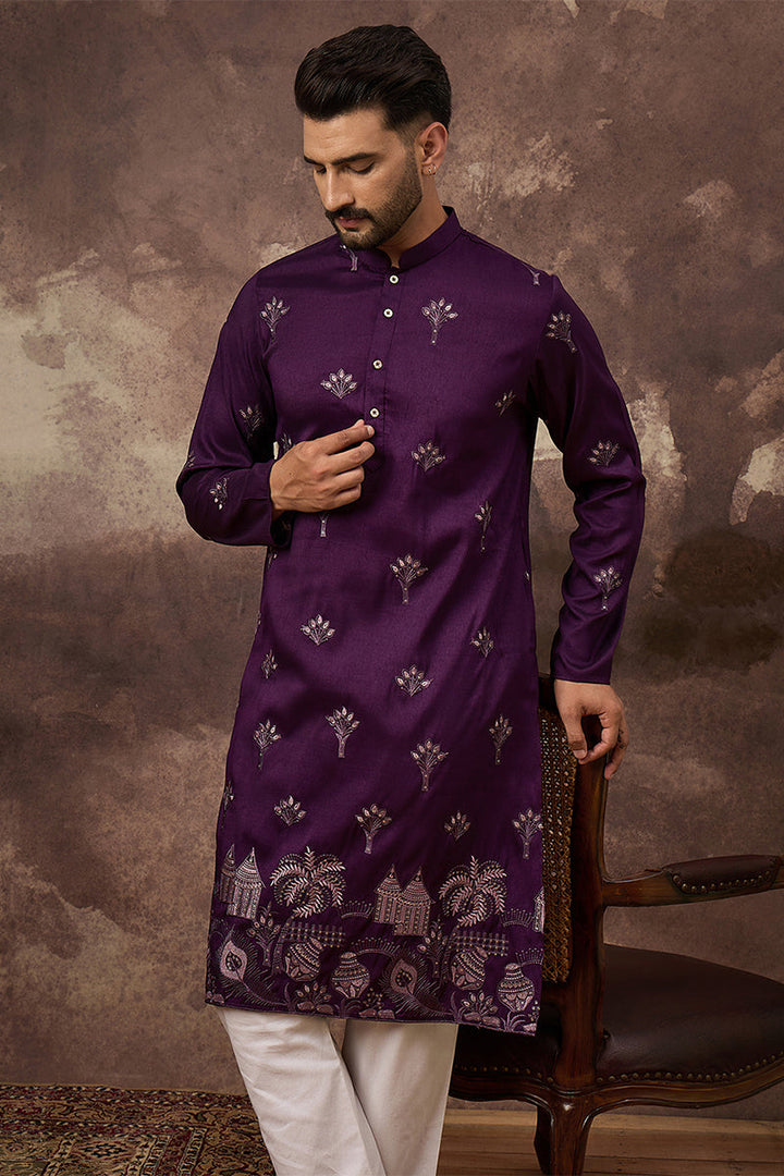 Purple Silk Blend Solid Embroidered Straight Kurta | SHOBITAM