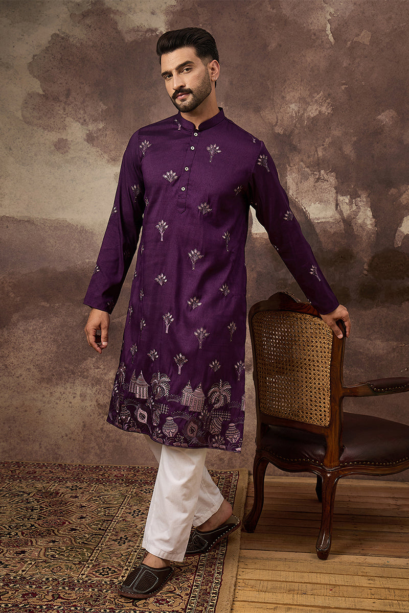 Purple Silk Blend Solid Embroidered Straight Kurta | SHOBITAM