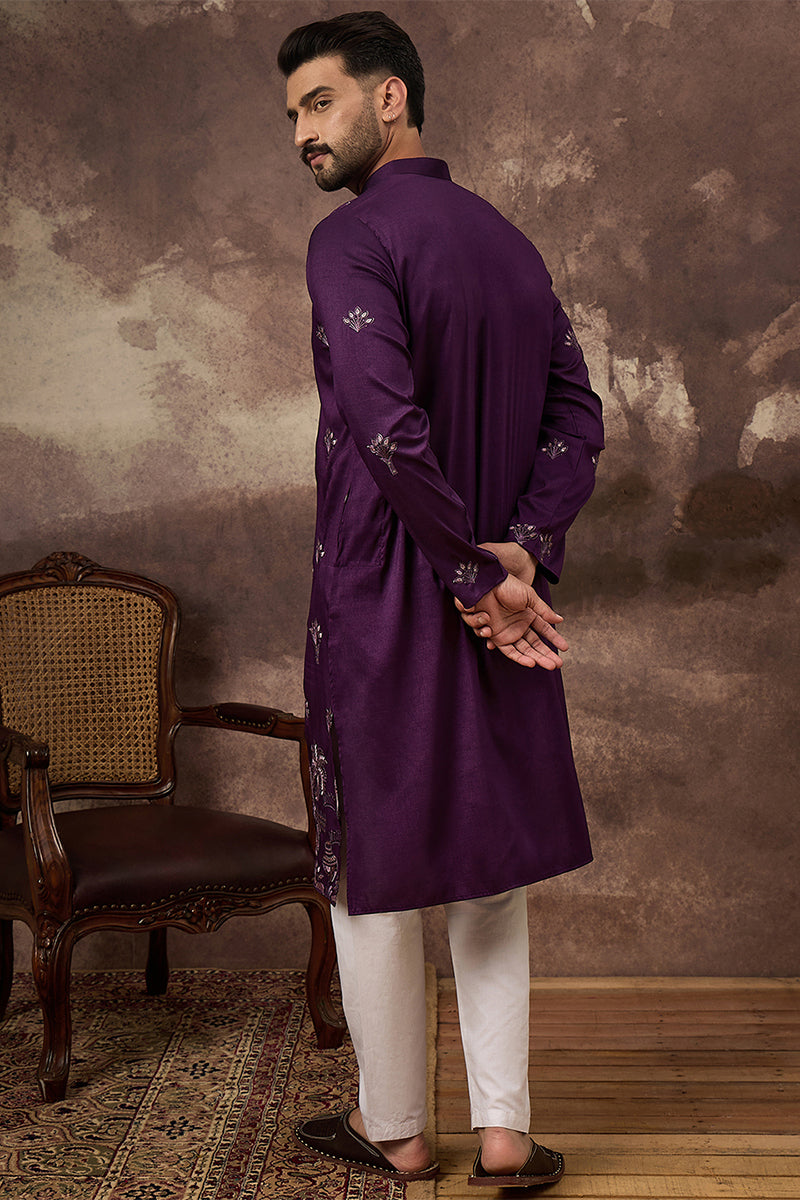 Purple Silk Blend Solid Embroidered Straight Kurta | SHOBITAM