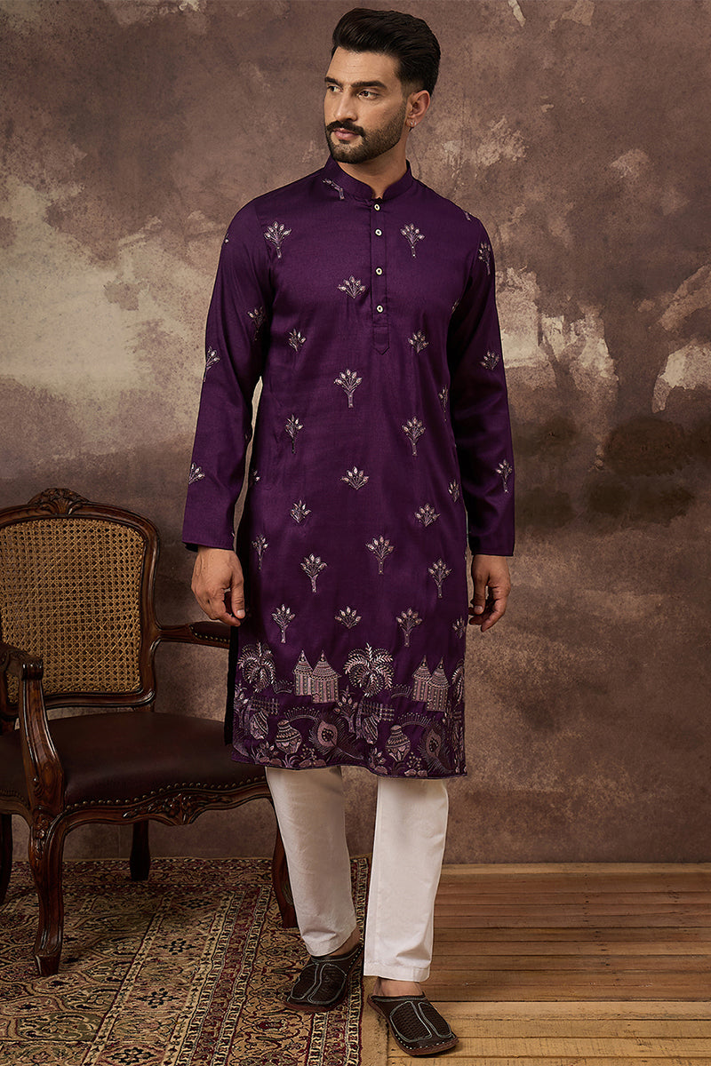 Purple Silk Blend Solid Embroidered Straight Kurta | SHOBITAM