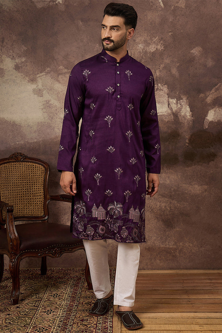Purple Silk Blend Solid Embroidered Straight Kurta | SHOBITAM