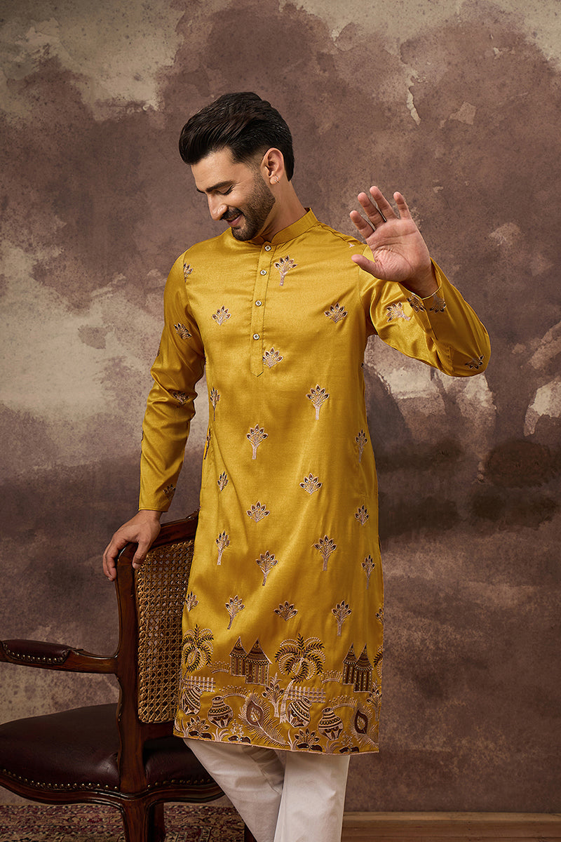 Yellow Silk Solid Embroidered Straight Kurta | SHOBITAM