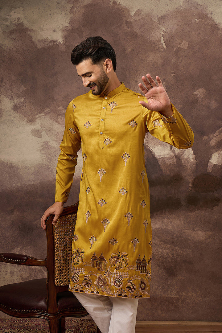 Yellow Silk Solid Embroidered Straight Kurta | SHOBITAM