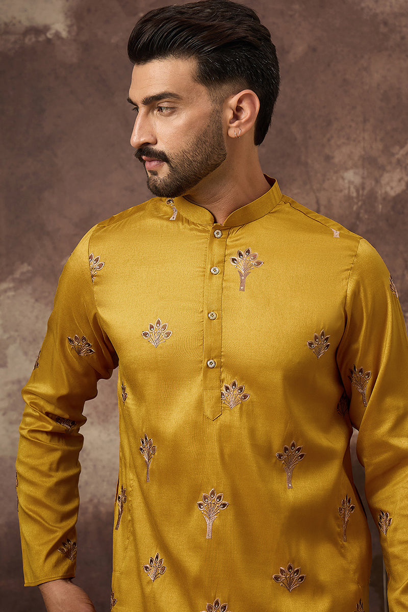 Yellow Silk Solid Embroidered Straight Kurta | SHOBITAM