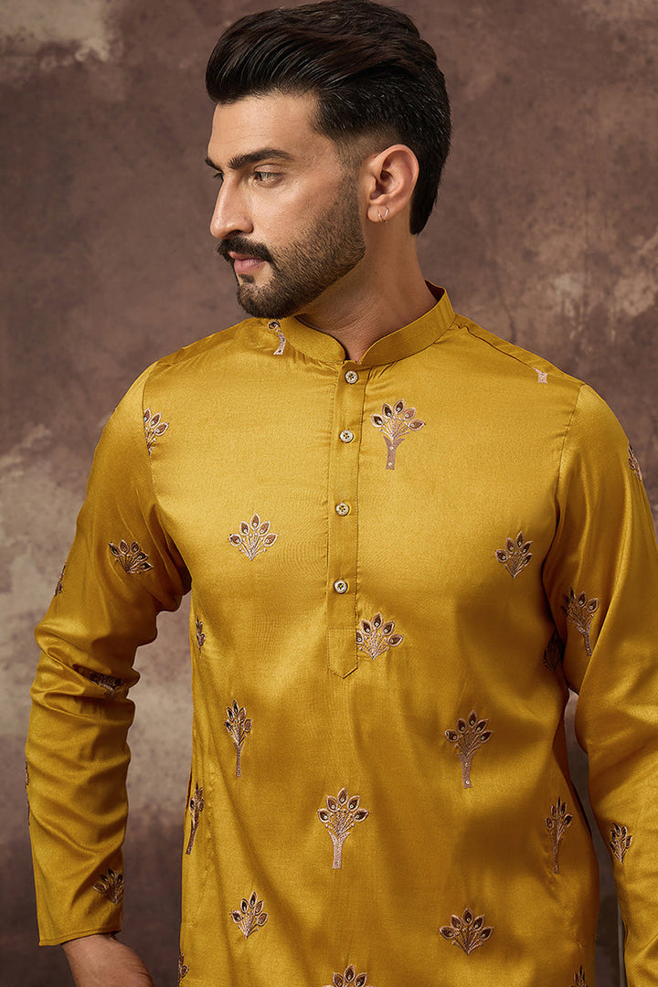 Yellow Silk Solid Embroidered Straight Kurta | SHOBITAM