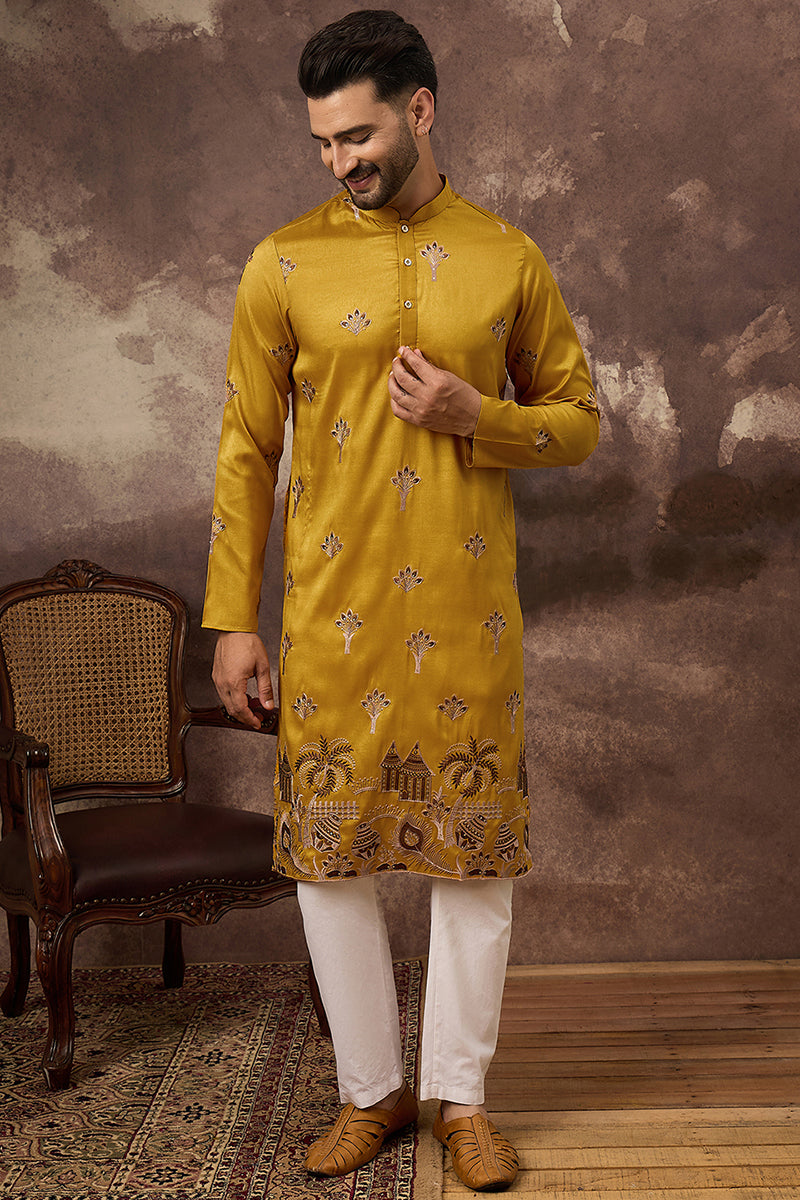 Yellow Silk Solid Embroidered Straight Kurta | SHOBITAM