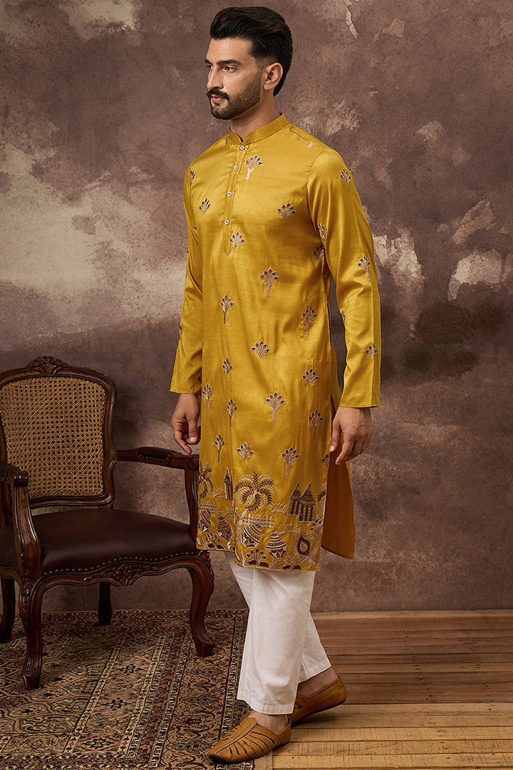 Yellow Silk Solid Embroidered Straight Kurta | SHOBITAM