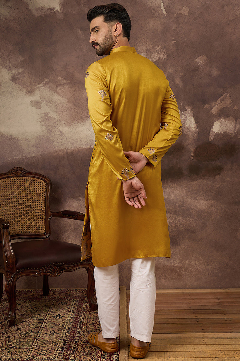 Yellow Silk Solid Embroidered Straight Kurta | SHOBITAM