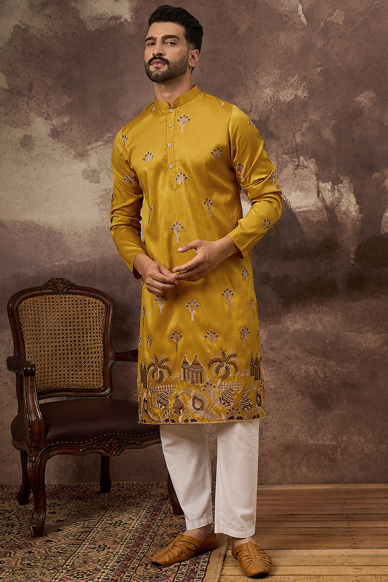 Yellow Silk Solid Embroidered Straight Kurta | SHOBITAM