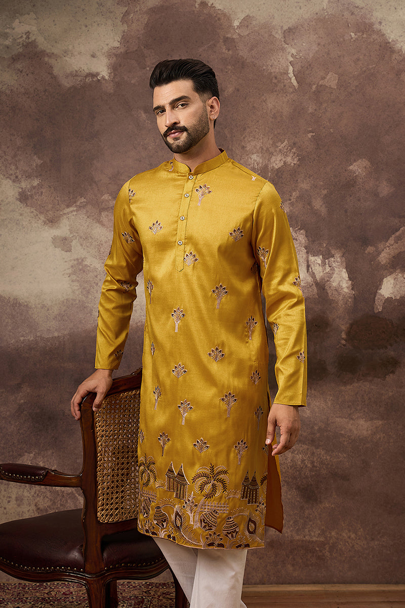 Yellow Silk Solid Embroidered Straight Kurta | SHOBITAM