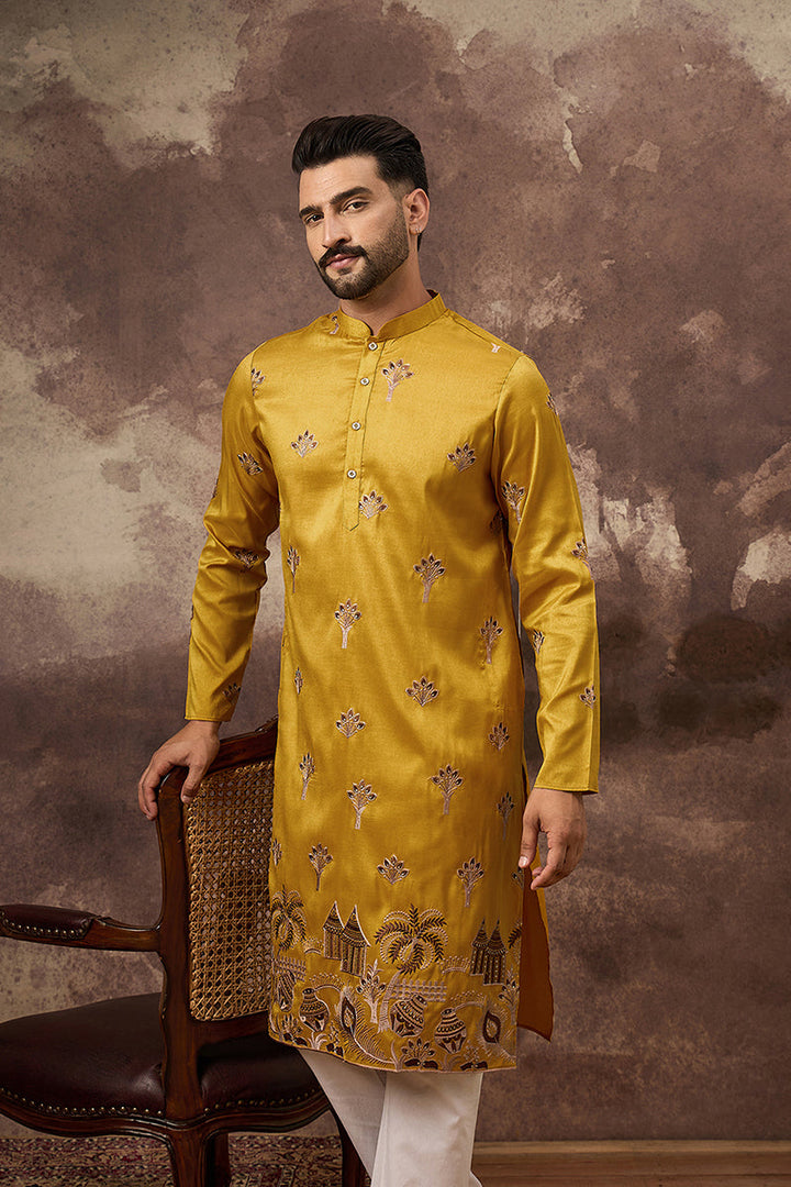 Yellow Silk Solid Embroidered Straight Kurta | SHOBITAM