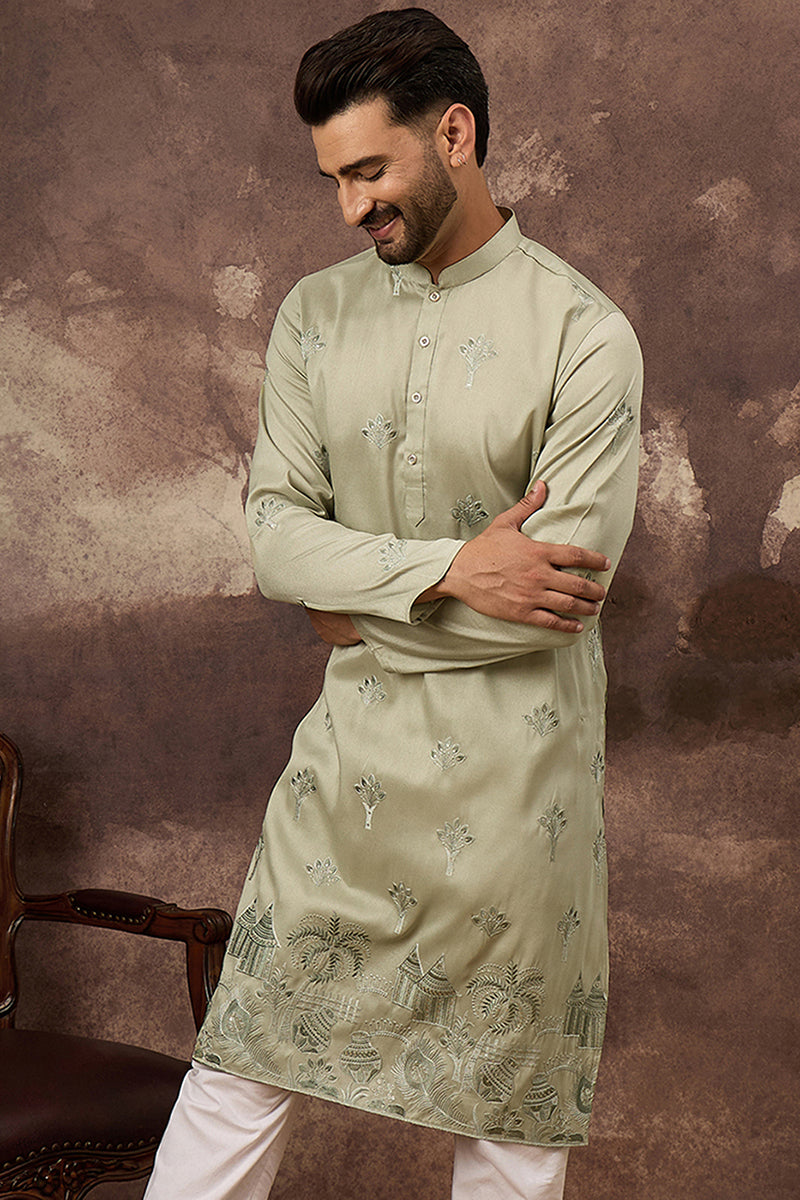 Green Silk Solid Embroidered Straight Kurta | SHOBITAM