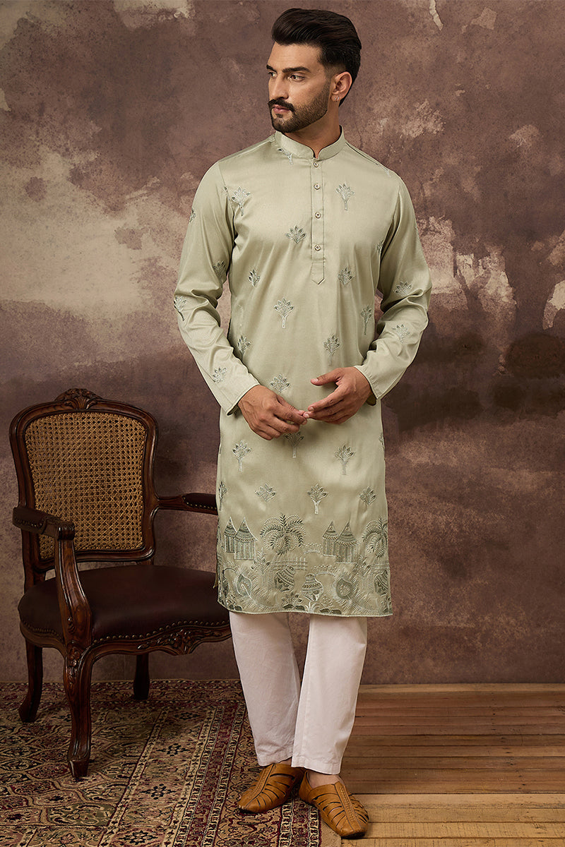 Green Silk Solid Embroidered Straight Kurta | SHOBITAM