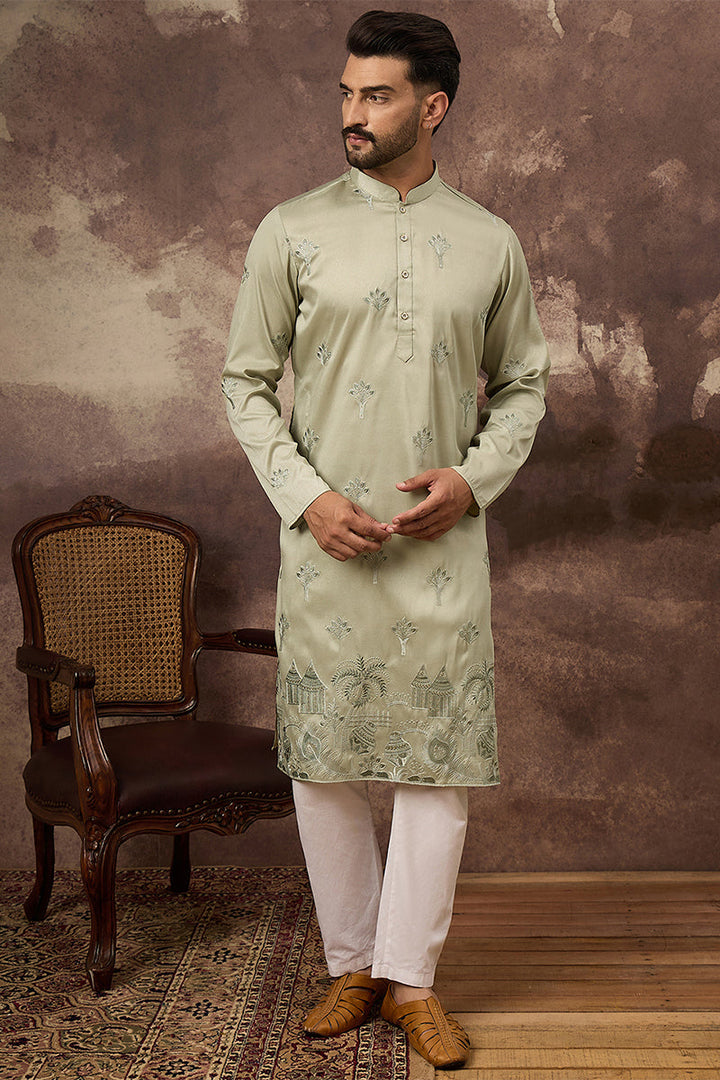 Green Silk Solid Embroidered Straight Kurta | SHOBITAM