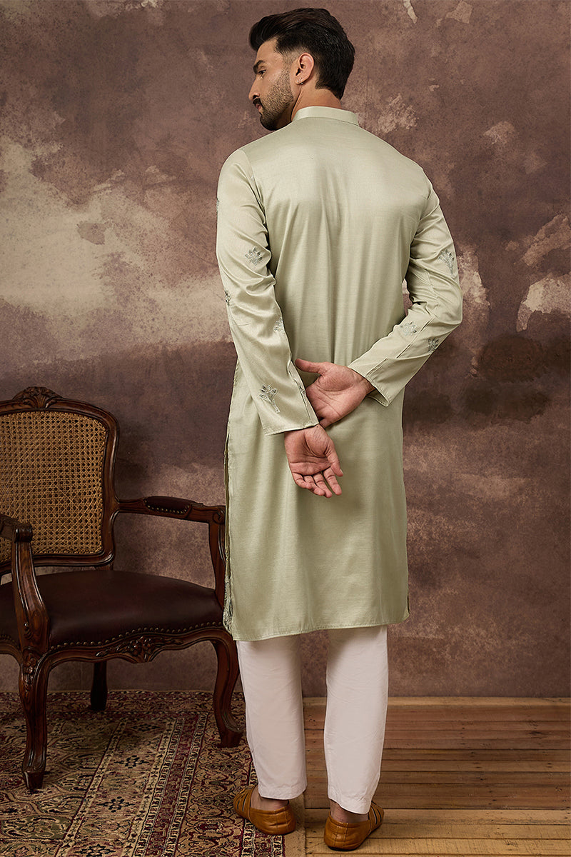 Green Silk Solid Embroidered Straight Kurta | SHOBITAM