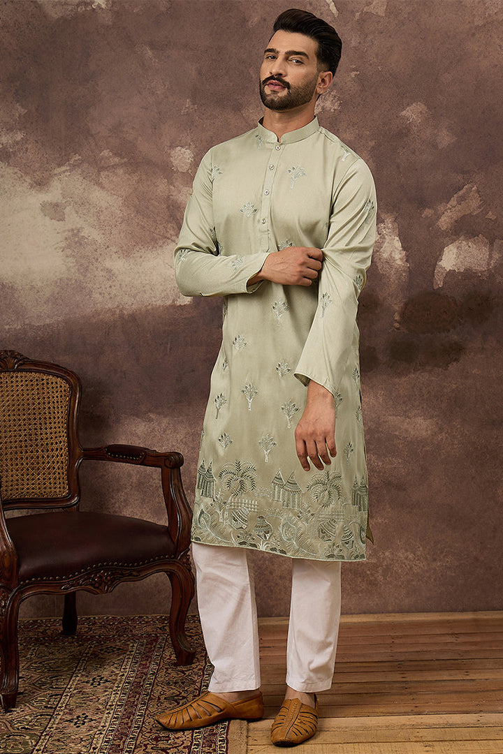 Green Silk Solid Embroidered Straight Kurta | SHOBITAM