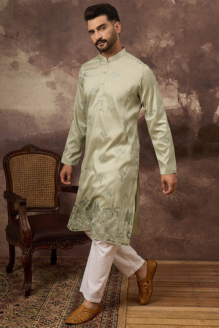 Green Silk Solid Embroidered Straight Kurta | SHOBITAM