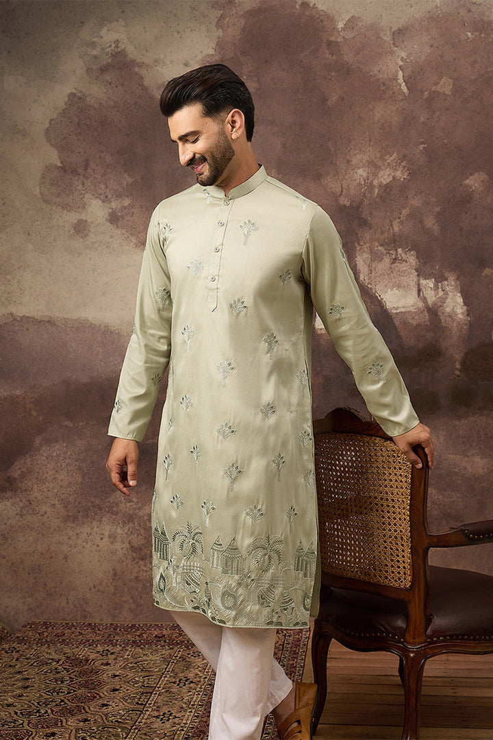 Green Silk Solid Embroidered Straight Kurta | SHOBITAM