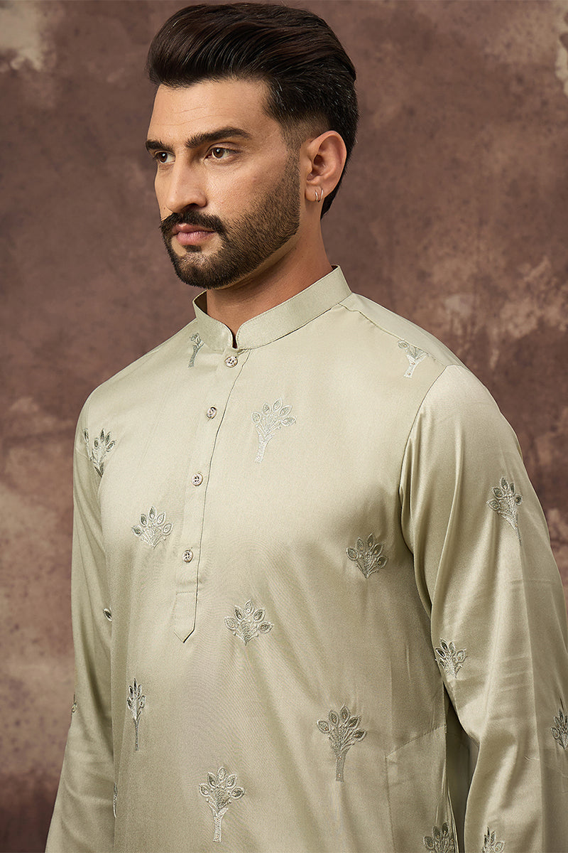 Green Silk Solid Embroidered Straight Kurta | SHOBITAM