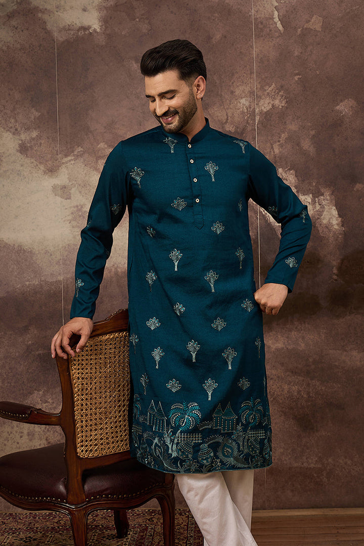 Blue Silk Blend Solid Embroidered Straight Kurta | SHOBITAM