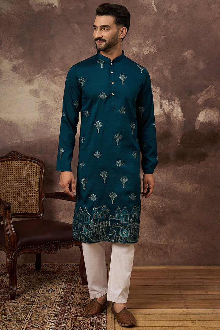 Blue Silk Blend Solid Embroidered Straight Kurta | SHOBITAM