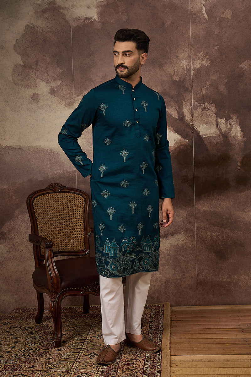 Blue Silk Blend Solid Embroidered Straight Kurta | SHOBITAM