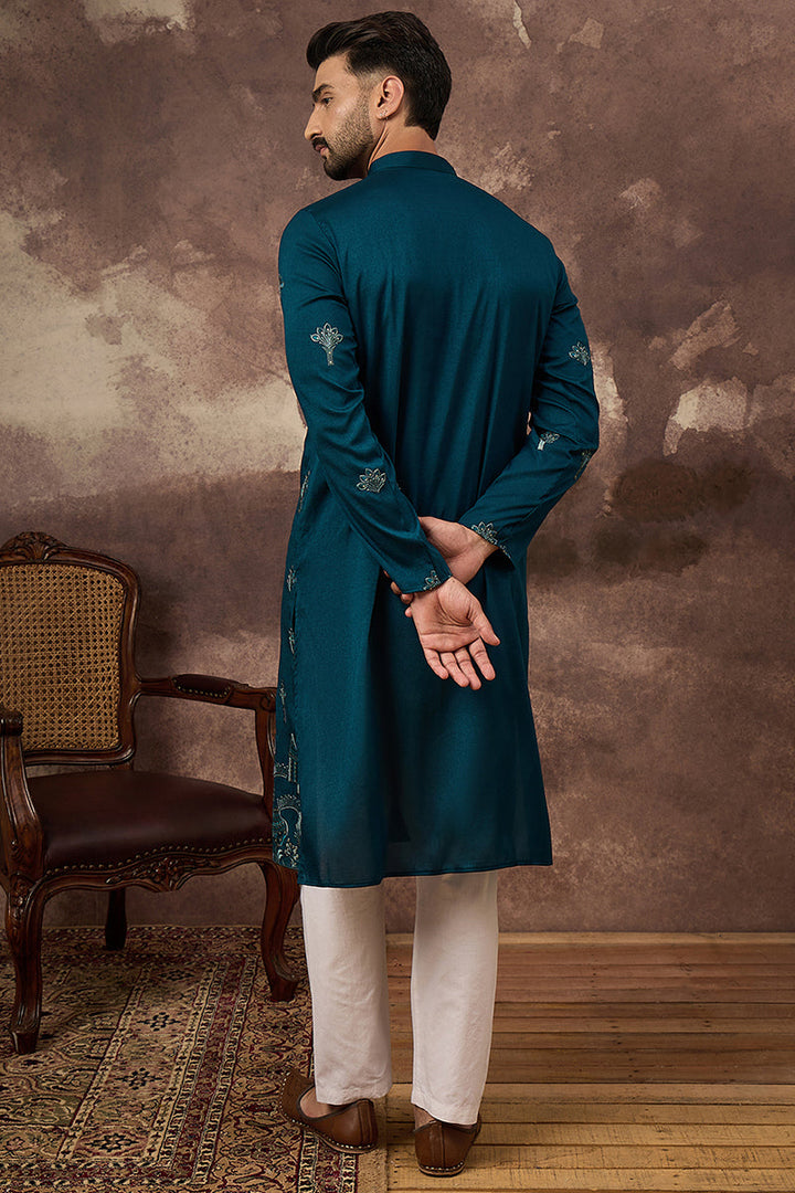 Blue Silk Blend Solid Embroidered Straight Kurta | SHOBITAM