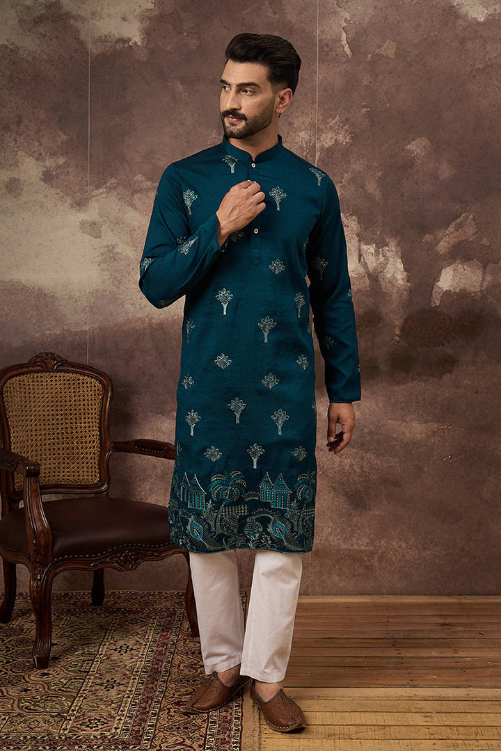 Blue Silk Blend Solid Embroidered Straight Kurta | SHOBITAM
