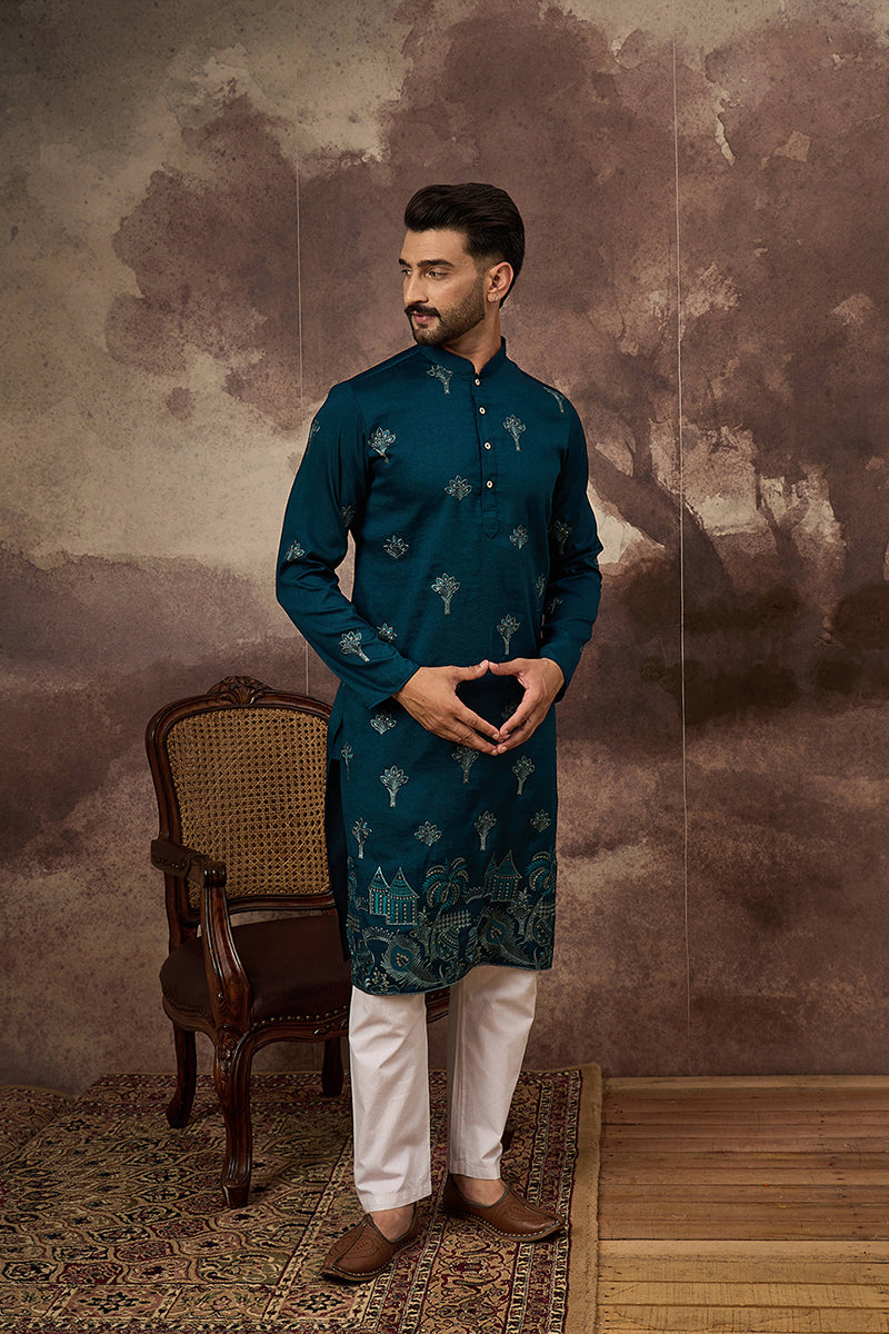 Blue Silk Blend Solid Embroidered Straight Kurta | SHOBITAM