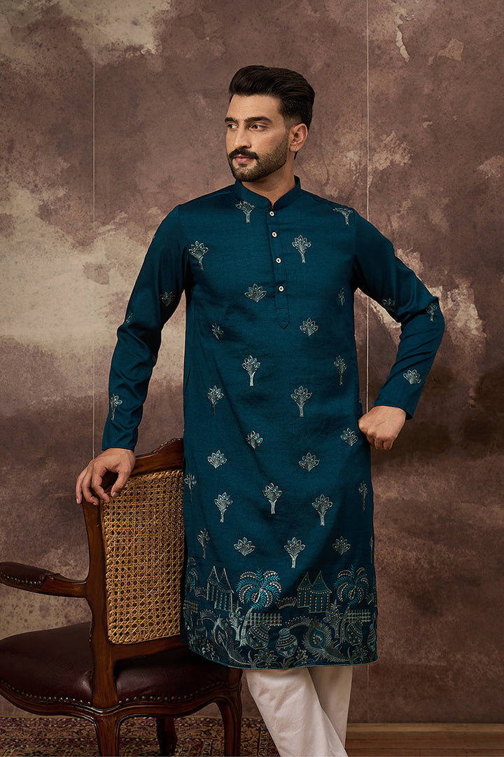 Blue Silk Blend Solid Embroidered Straight Kurta | SHOBITAM