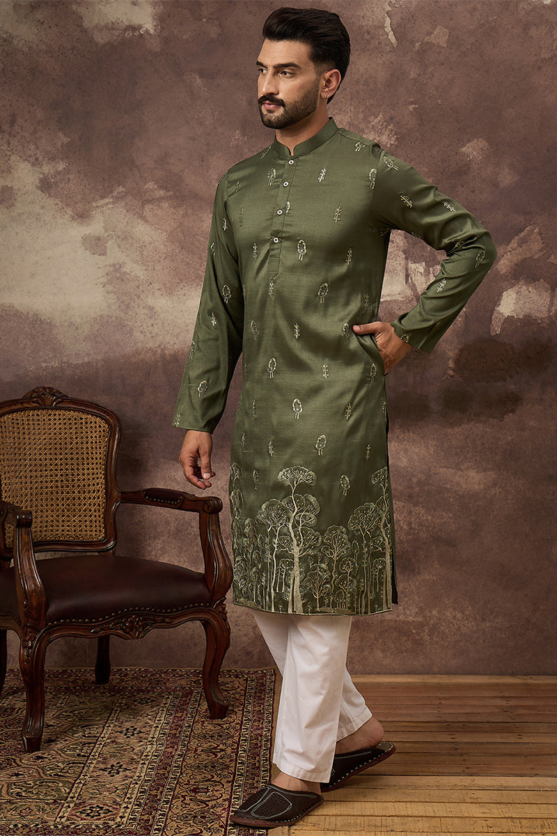 Green Silk Blend Solid Embroidered Straight Kurta | SHOBITAM