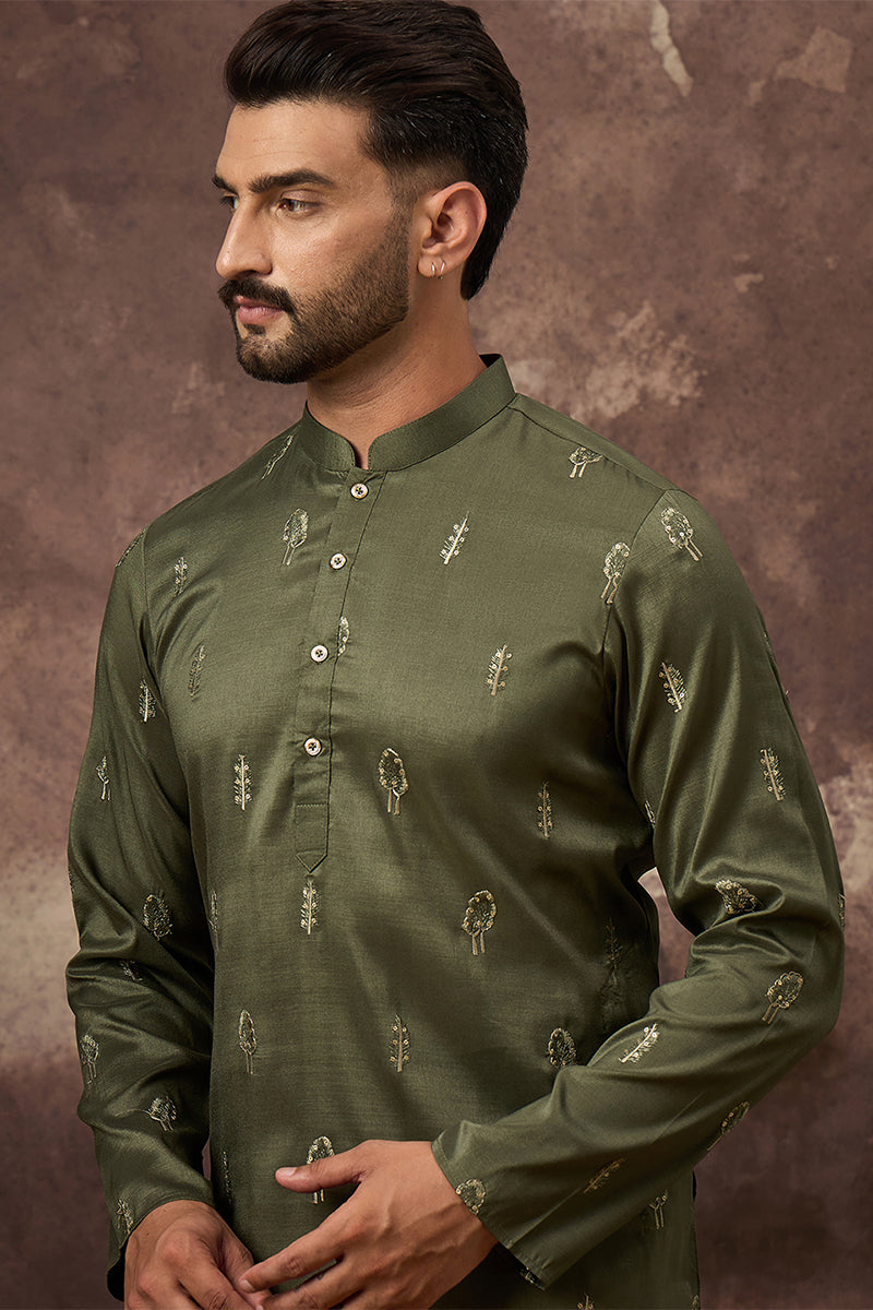 Green Silk Blend Solid Embroidered Straight Kurta | SHOBITAM
