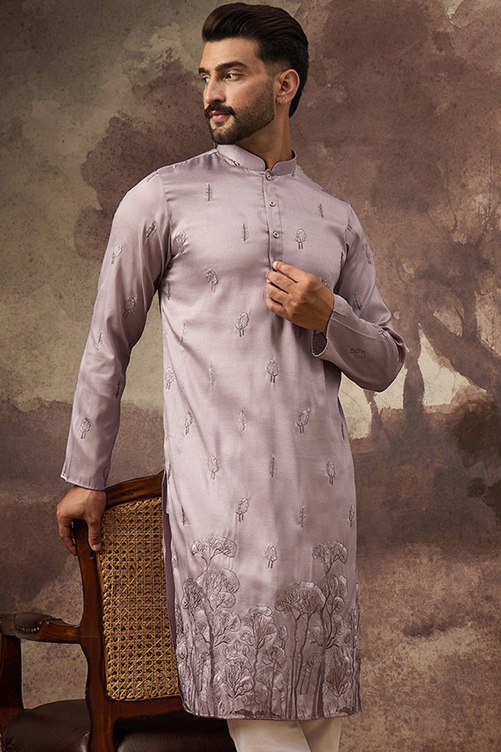Lavender Silk Blend Solid Embroidered Straight Kurta | SHOBITAM