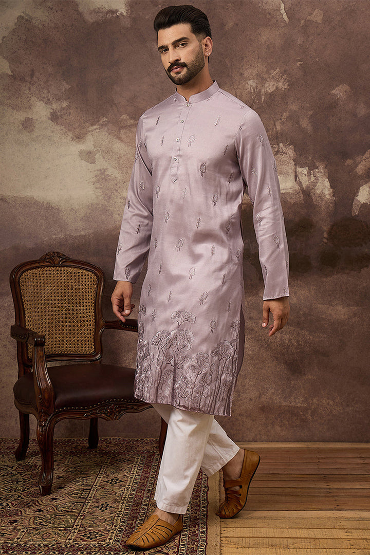 Lavender Silk Blend Solid Embroidered Straight Kurta | SHOBITAM