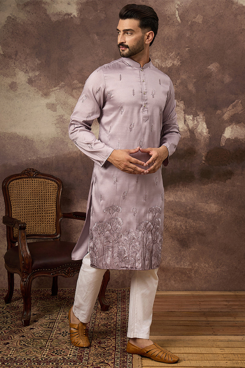 Lavender Silk Blend Solid Embroidered Straight Kurta | SHOBITAM