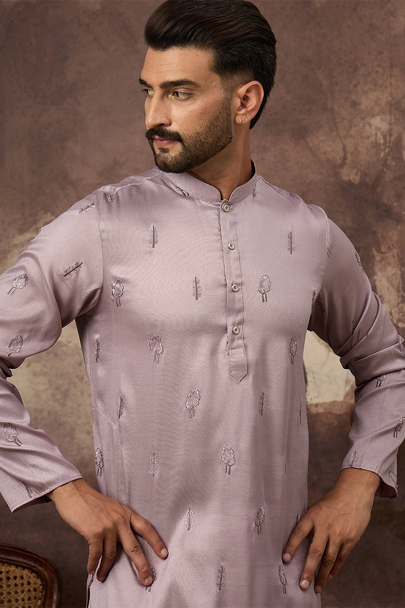 Lavender Silk Blend Solid Embroidered Straight Kurta | SHOBITAM