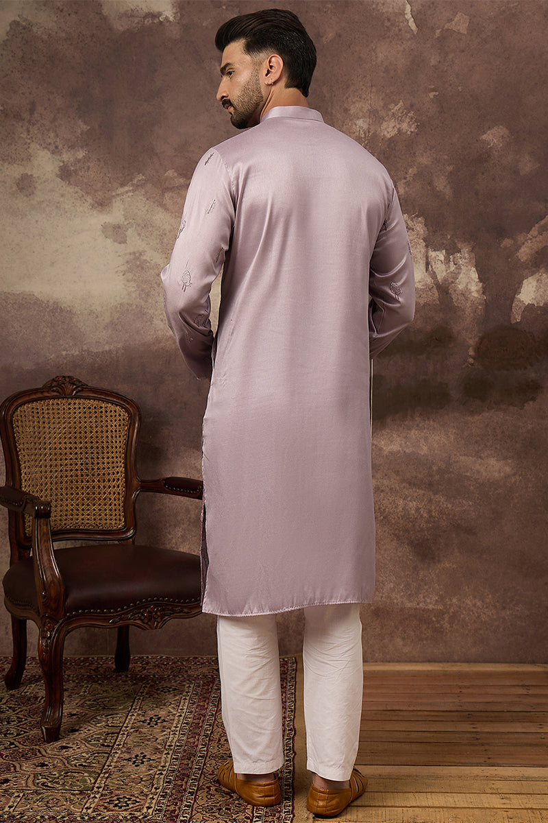 Lavender Silk Blend Solid Embroidered Straight Kurta | SHOBITAM