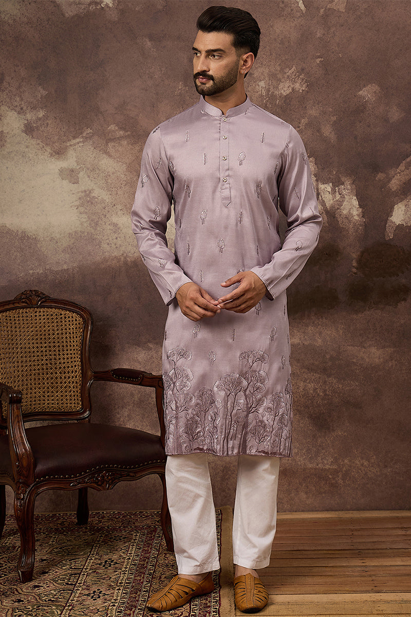 Lavender Silk Blend Solid Embroidered Straight Kurta | SHOBITAM