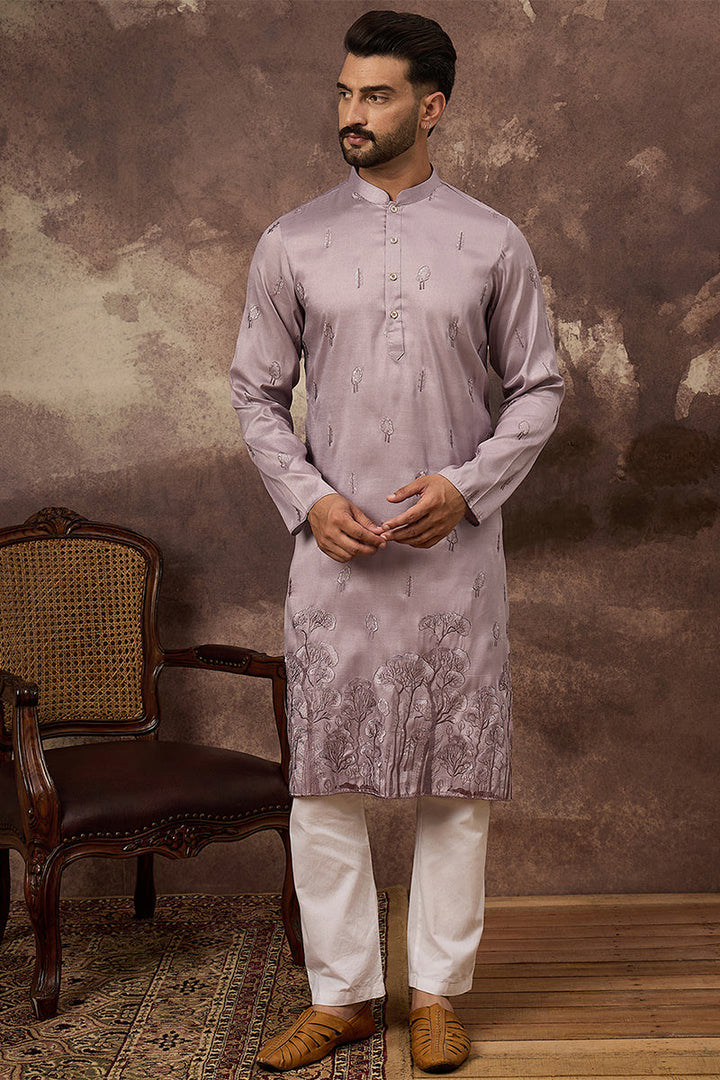 Lavender Silk Blend Solid Embroidered Straight Kurta | SHOBITAM