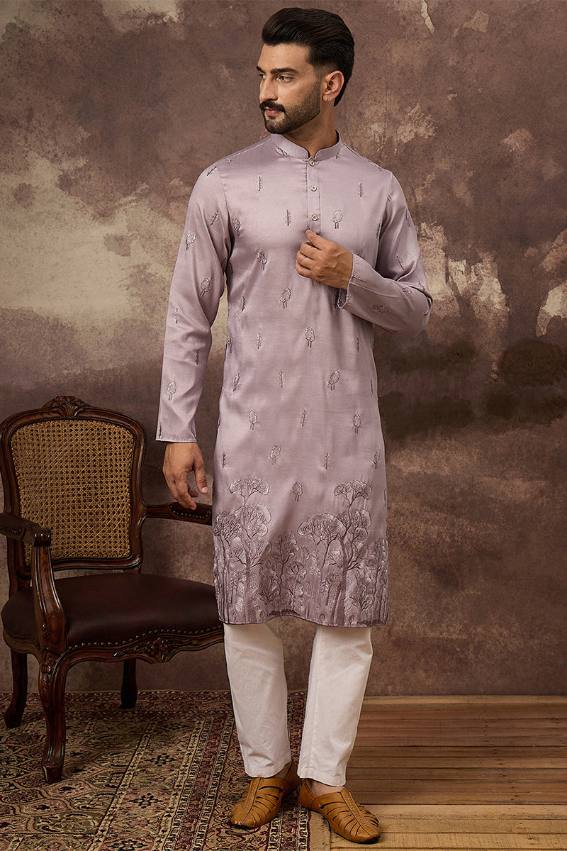 Lavender Silk Blend Solid Embroidered Straight Kurta | SHOBITAM