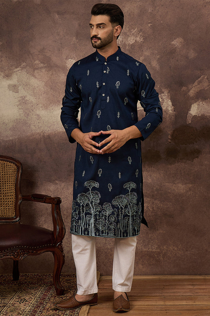 Navy Blue Silk Blend Solid Embroidered Straight Kurta | SHOBITAM