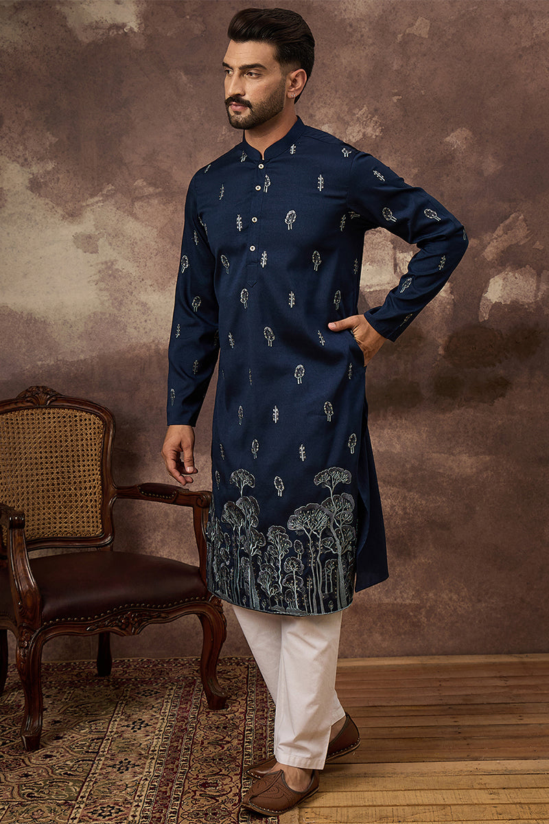 Navy Blue Silk Blend Solid Embroidered Straight Kurta | SHOBITAM