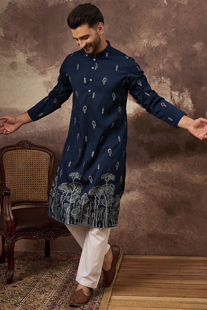 Navy Blue Silk Blend Solid Embroidered Straight Kurta | SHOBITAM