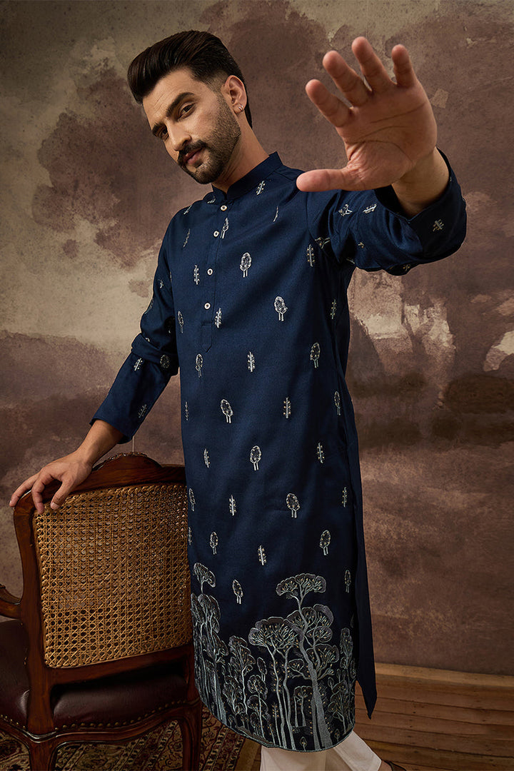 Navy Blue Silk Blend Solid Embroidered Straight Kurta | SHOBITAM