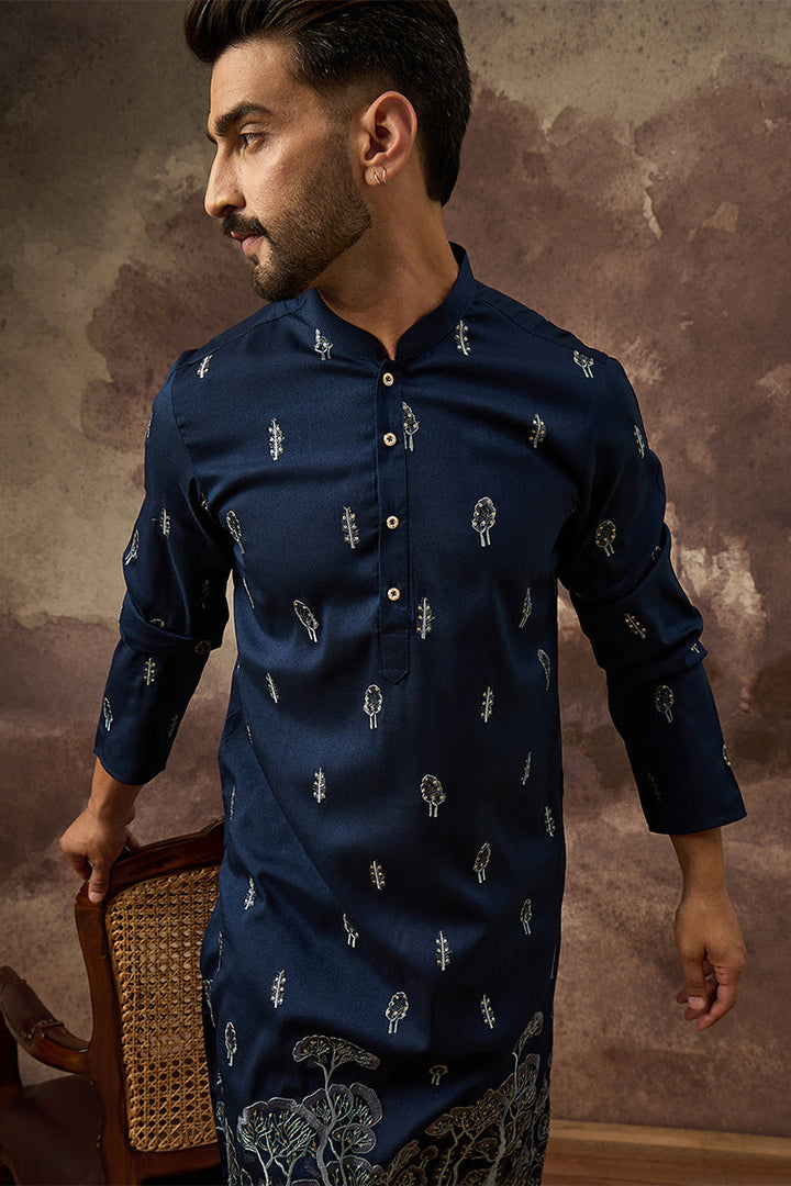Navy Blue Silk Blend Solid Embroidered Straight Kurta | SHOBITAM