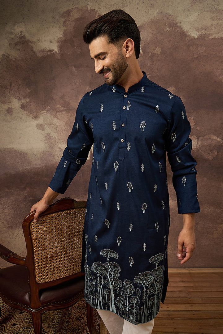 Navy Blue Silk Blend Solid Embroidered Straight Kurta | SHOBITAM