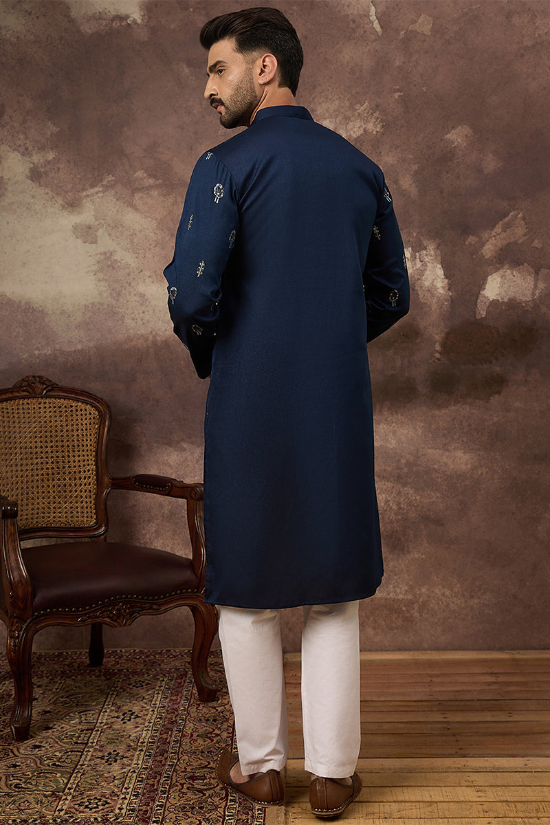 Navy Blue Silk Blend Solid Embroidered Straight Kurta | SHOBITAM