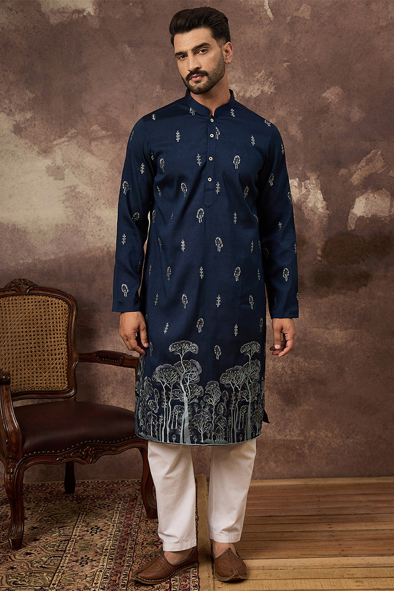 Navy Blue Silk Blend Solid Embroidered Straight Kurta | SHOBITAM